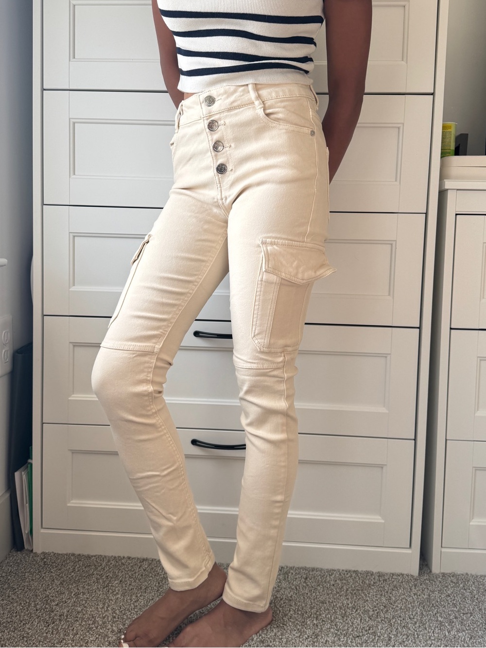 High-Rise Cream Cargo Skinny Jeans — Women